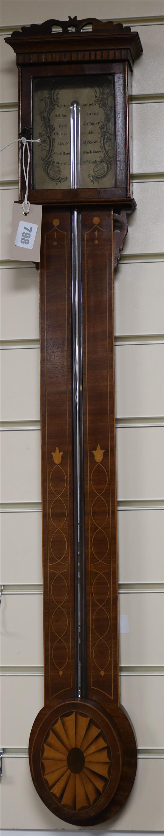 A George III mahogany stick barometer, with an engraved paper register W.16cm